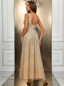 SHEIN Belle 深V領亮片正式洋裝 - 香檳色 - 查看 2