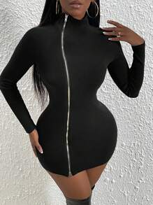 Slaydiva 拉鍊羅紋針織緊身毛衣洋裝 - 黑色 - 查看 5