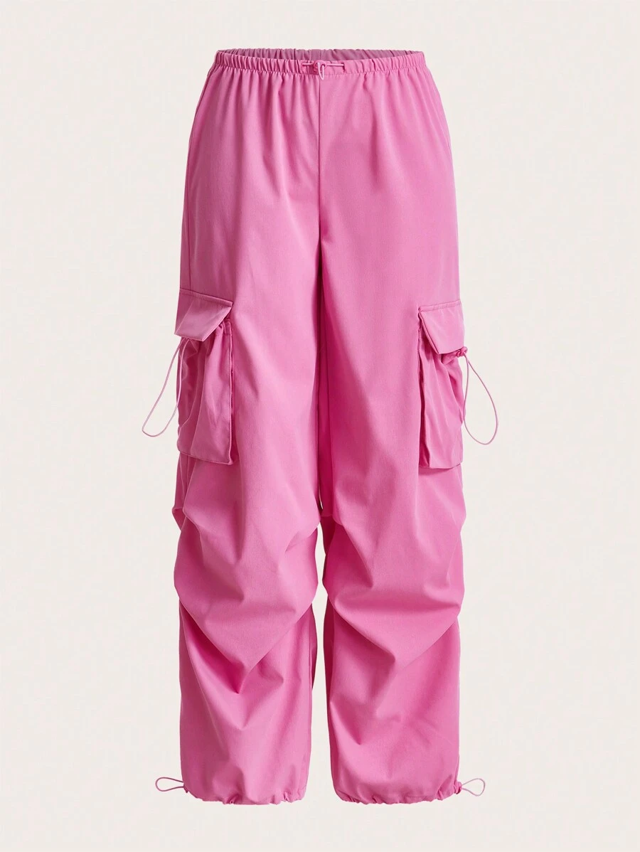 SHEIN ICON Flap Pocket Drawstring Detail Cargo Pants - Pink - View 1