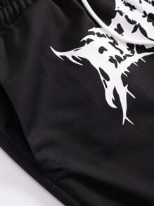 ROMWE MEN Goth Hombres Pantalones deportivos con estampado de cráneo y letra de cintura con cordón - Negro - Ver 4