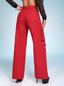 SHEIN ICON 翻蓋口袋工裝牛仔褲 - 紅色 - 查看 2