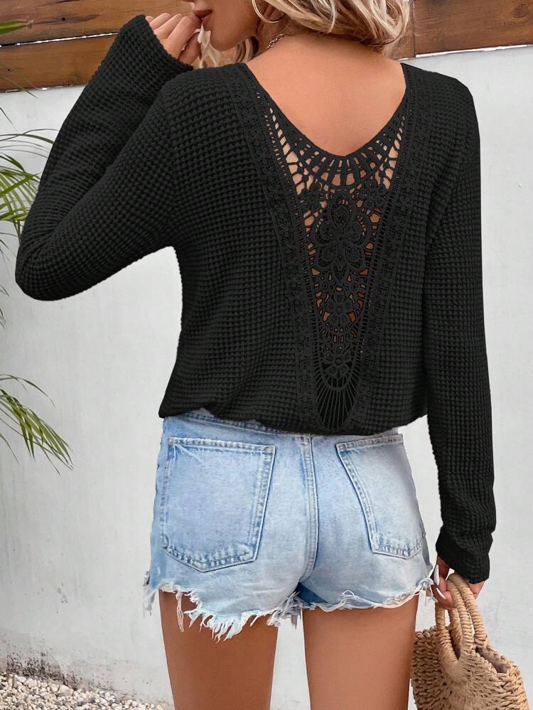 Guipure Lace Insert Tee Winter Black Casual