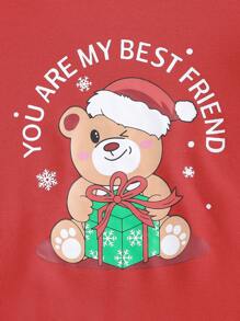 SHEIN Cô Gái Trẻ In Giáng sinh Chi tiết cung Áo Hoodie & Quần thể thao - Đỏ - Xem 6