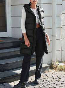 EURMUSE Zip Up Hooded Puffer Vest Coat - Black - View 7