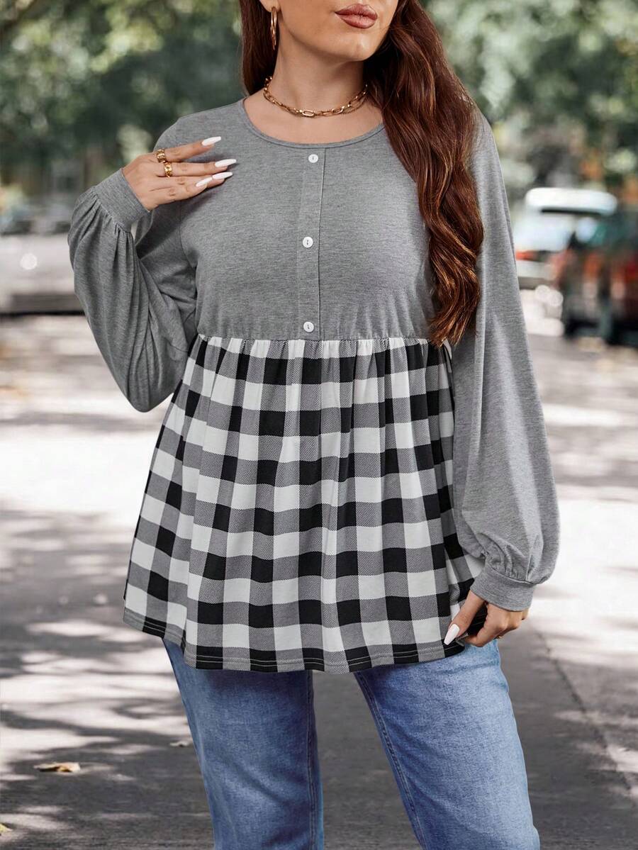SHEIN LUNE 大碼紐扣細節雙色格子荷葉邊下擺T恤 - 彩色 - 查看 1
