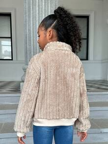 SHEIN Tween Girl Flap Detail Drop Shoulder Flannel Jacket - Khaki - View 2