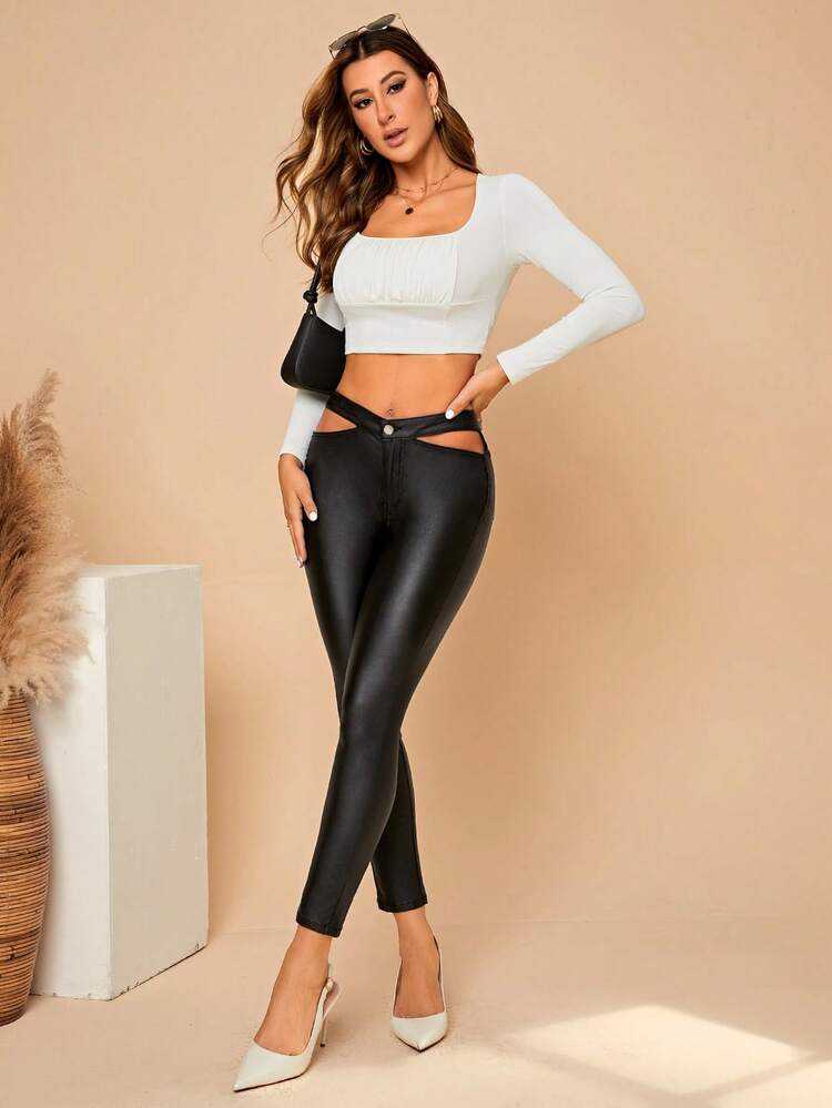 Women Solid Color Hollow Out Waist PU Leather Skinny Pants