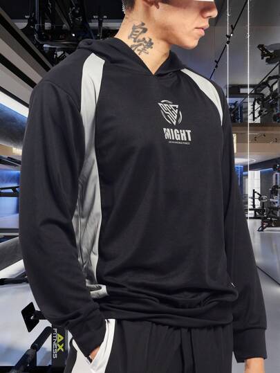 Manfinity Sport Corelite Men Letter Graphic Contrast Panel Hooded Sports Sweatshirt Men Sweatshirt