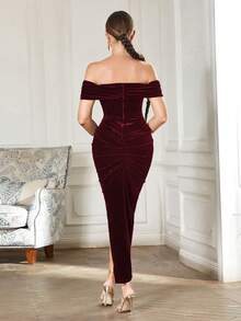 優雅交叉 高衩純色女士連衣裙 - 酒紅色 - 查看 2