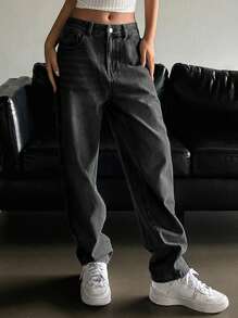 DAZY 斜口袋直筒牛仔裤 Y2k - 深灰色 - 查看 1