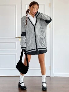 SHEIN Qutie Sọc trang trí Túi Kép Thả vai Xoắn Dan Tương phản ràng buộc Áo len Mở - Xám - Xem 5