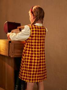 HARRY POTTER X SHEIN 青少女鑽石圖案連身裙和系領襯衫 - 彩色 - 查看 2