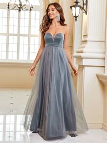 SHEIN Belle Vestido de vestir bajo con malla - Plateado - Ver 7