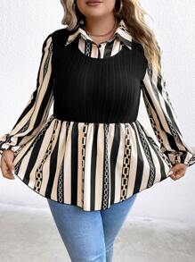 SHEIN LUNE Hơn Sọc & In Dây chuyền Tay áo lồng đèn Xoay eo 2 trong 1 hàng đầu - Nhiều màu - Xem 1