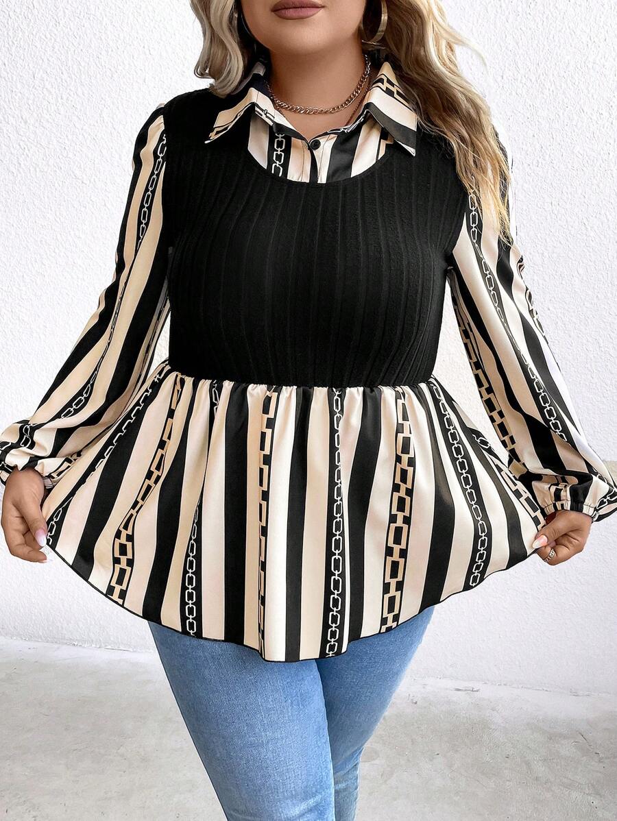 SHEIN LUNE Hơn Sọc & In Dây chuyền Tay áo lồng đèn Xoay eo 2 trong 1 hàng đầu - Nhiều màu - Xem 1