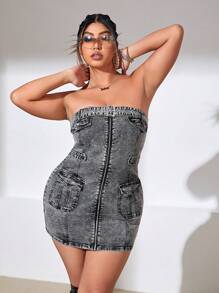 SHEIN ICON Hơn Dây kéo Vá Túi Váy denim ống - màu đen - Xem 1