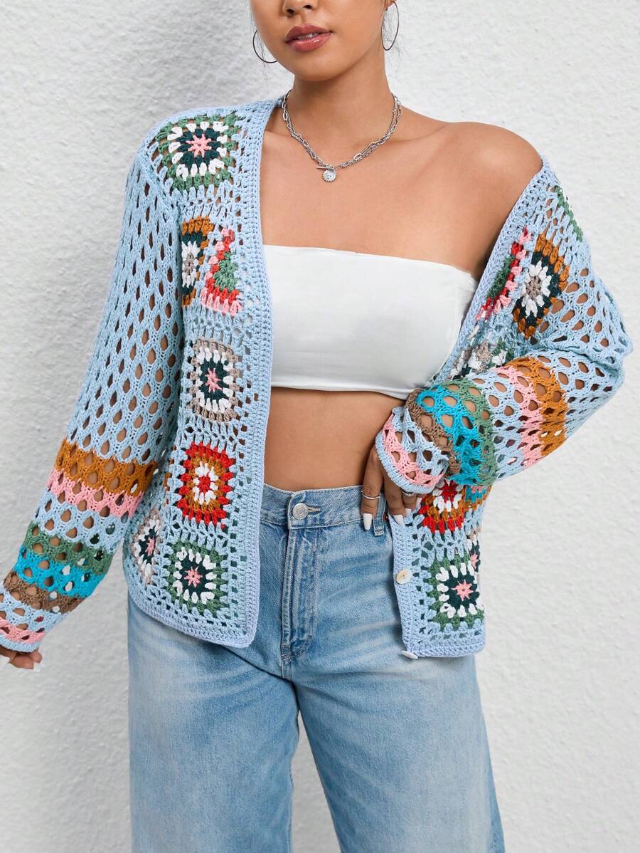 SHEIN EZwear Plus Floral Crochet Insert Open Knit Drop Shoulder Cardigan - Blue - View 1