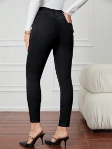 SHEIN LUNE Denim mùa giặt Quần jean ôm - màu đen - Xem 2
