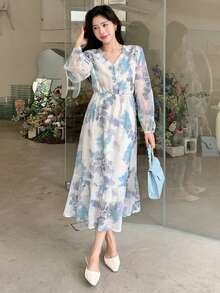 DAZY In hoa Tay áo lồng đèn Nút phía trước Đầm - Nhiều màu - Xem 6