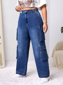 SHEIN EZwear Plus High Waist Flap Pocket Side Cargo Jeans - Blue - View 1
