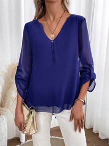 Breezaya 素色紐扣細節捲邊袖高低下擺襯衫 - 藏蓝色 - 查看 5