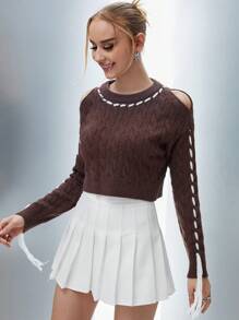 SHEIN Unity Contrast Piping Cable Knit Pullover Fall Winter Sweater - Brown - View 6