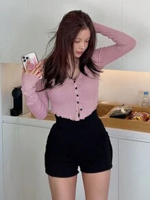 DAZY 實色鈕扣前短袖t恤 - 藕粉色 - 查看 8