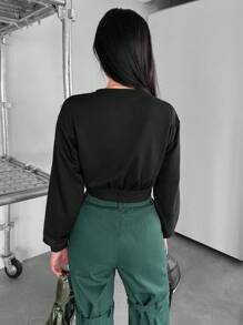 SHEINNeu 推扣細節落肩袖二合一運動衫 - 黑色 - 查看 2