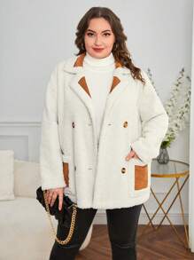 SHEIN Essnce Plus Two Tone Double Breasted Teddy Coat