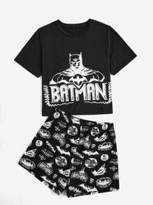 Batman X ROMWE Letter Graphic PJ Set, School - Black - View 5