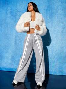 SHEIN PETITE 秋冬款纯色钩眼襟毛绒大衣 - 白色 - 查看 5