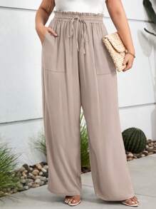 SHEIN LUNE Plus Paperbag Waist Knot Front Wide Leg Pants - Khaki - View 4