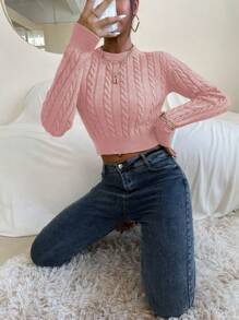 Chiquease 1 chiếc áo len dệt kim ngắn kiểu cáp, thích hợp cho mùa thu đông. - Hồng - Xem 6