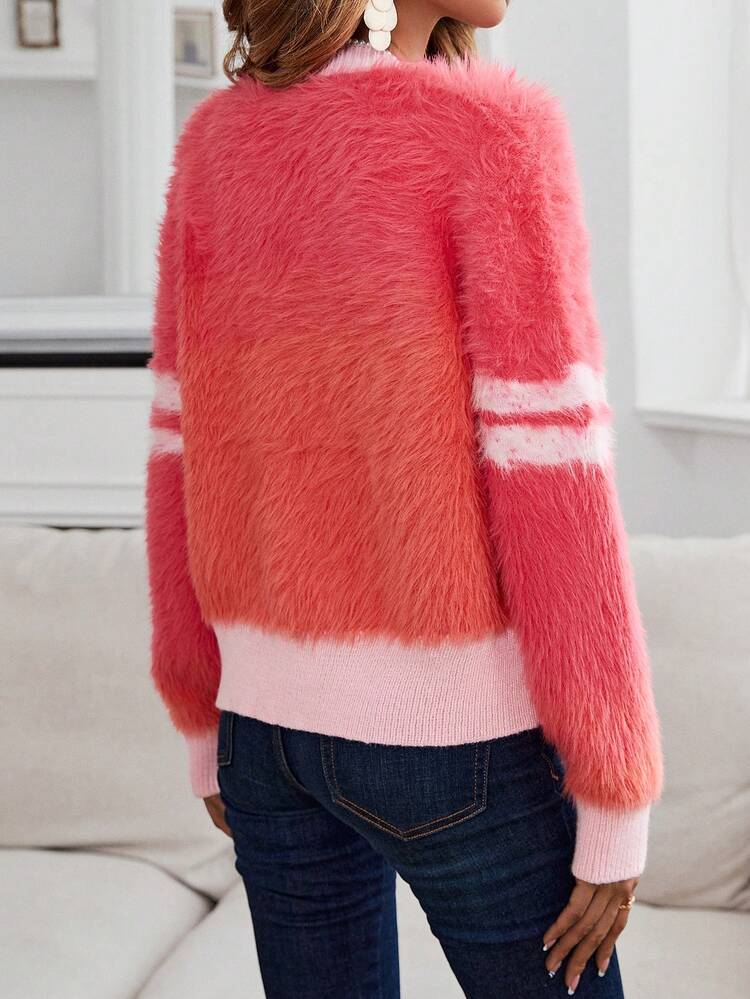 Striped Pattern Button Front Fuzzy Cardigan