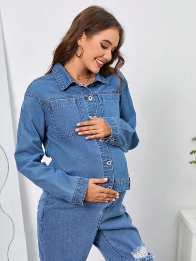 SHEIN Maternidad Cazadora mezclilla con parche con bolsillo de hombros caídos