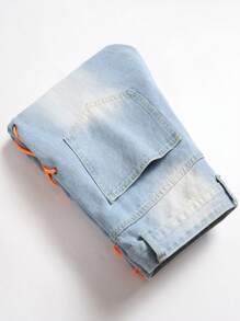 Men Lace Up Ripped Jeans - Light Wash - View 3