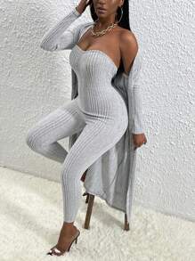 Slaydiva Chất rắn Jumpsuit ống & Mở Mặt trước áo - Xám - Xem 5