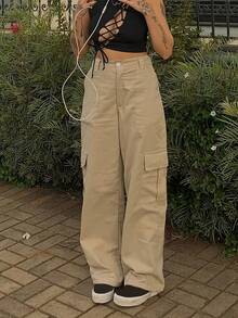 Pantalones unicolor con bolsillo lateral con solapa - Caqui - Ver 5