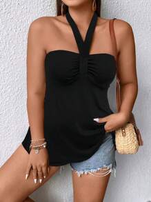 SHEIN Holidaya Áo hai dây Plus Size Lộ Lưng Xù Buộc lại màu trơn Giải trí - màu đen - Xem 4