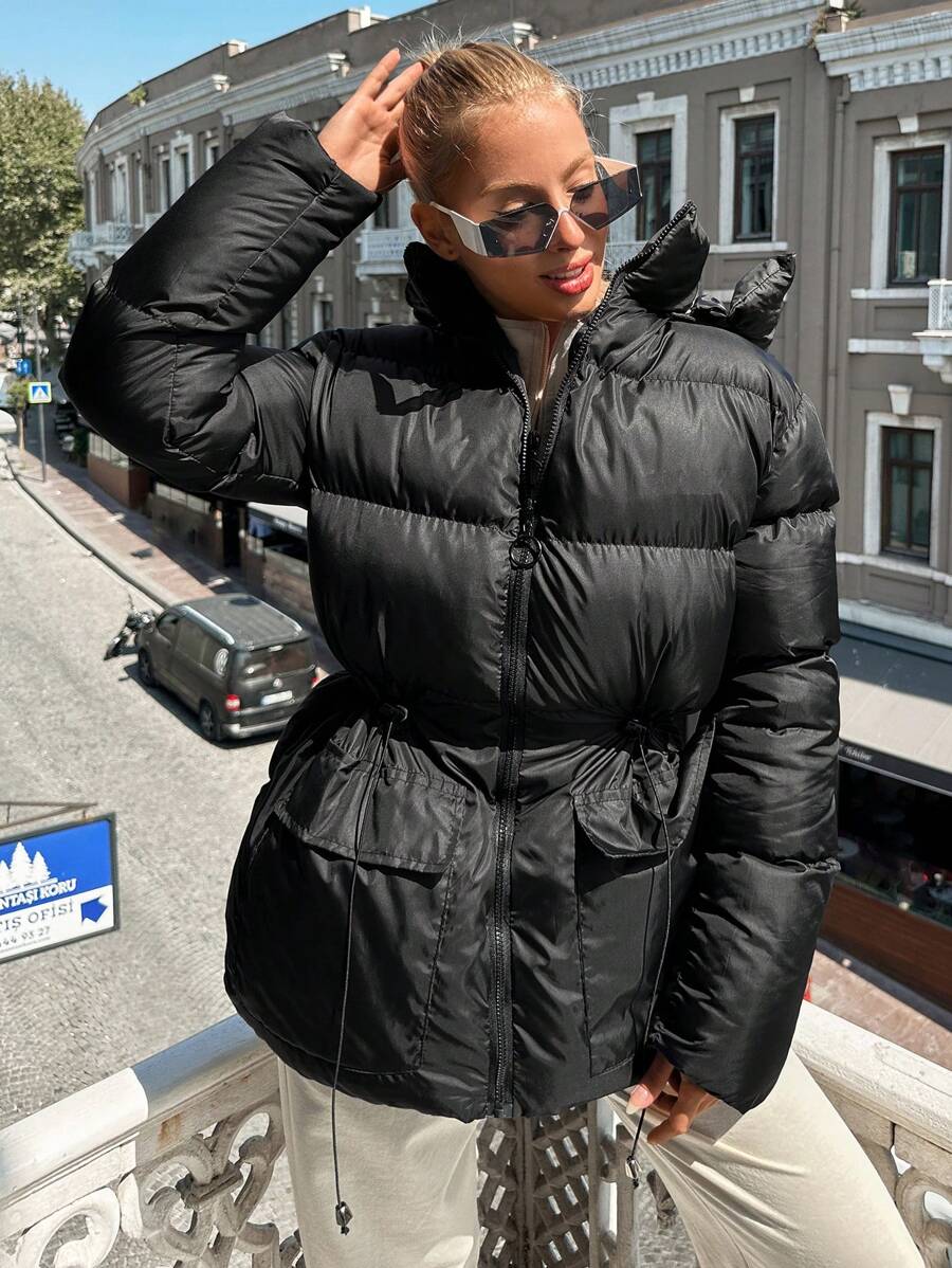 EURMUSE Flap Pocket Hooded Puffer Coat - Black - View 1