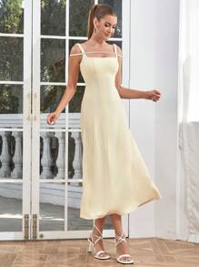 Chất rắn Cắt bỏ vai Váy Dây - Màu be - Xem 1