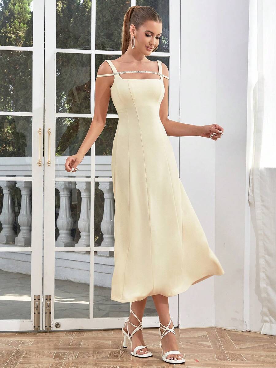 Chất rắn Cắt bỏ vai Váy Dây - Màu be - Xem 1