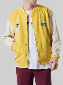 Manfinity EZcore Loose Fit Men's Lettered & Striped Trim Drop Shoulder Bomber Jacket - Mustard Yellow - View 4