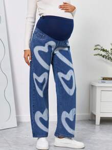 SHEIN Jeans premamá de pernera ancha con estampado de corazones y cintura ancha
