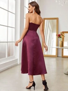SHEIN Belle 勃艮第红色纯色褶饰胸围抹胸鸡尾酒会礼服婚礼宾客礼服，半正式礼服 - 酒紅色 - 查看 3
