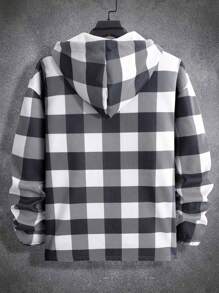 Manfinity Homme 寬鬆版型男士格紋圖案束腰連帽夾克,掉肩設計 - 黑與白 - 查看 2