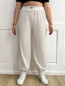 Calvaya Hơn Chi tiết Patched thư Eo đàn hồi Quần thể thao - Màu be - Xem 6