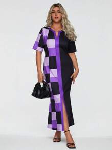 SHEIN Clasi Plus Plaid Print Notched Neckline Split Hem Dress - Multicolor - View 4