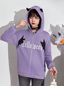Teen Girls Letter Graphic Zip Up Drop Shoulder Hoodie