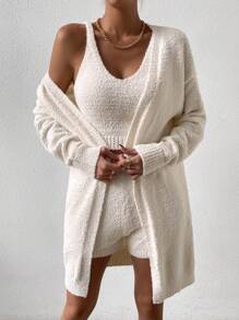 Calvaya Solid Cami Knit Top & Knit Shorts & Drop Shoulder Cardigan
